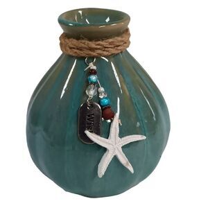 Vintage Pottery Bud Vase Small Starfish Charm & Rope Accent 4" Nautical Beach